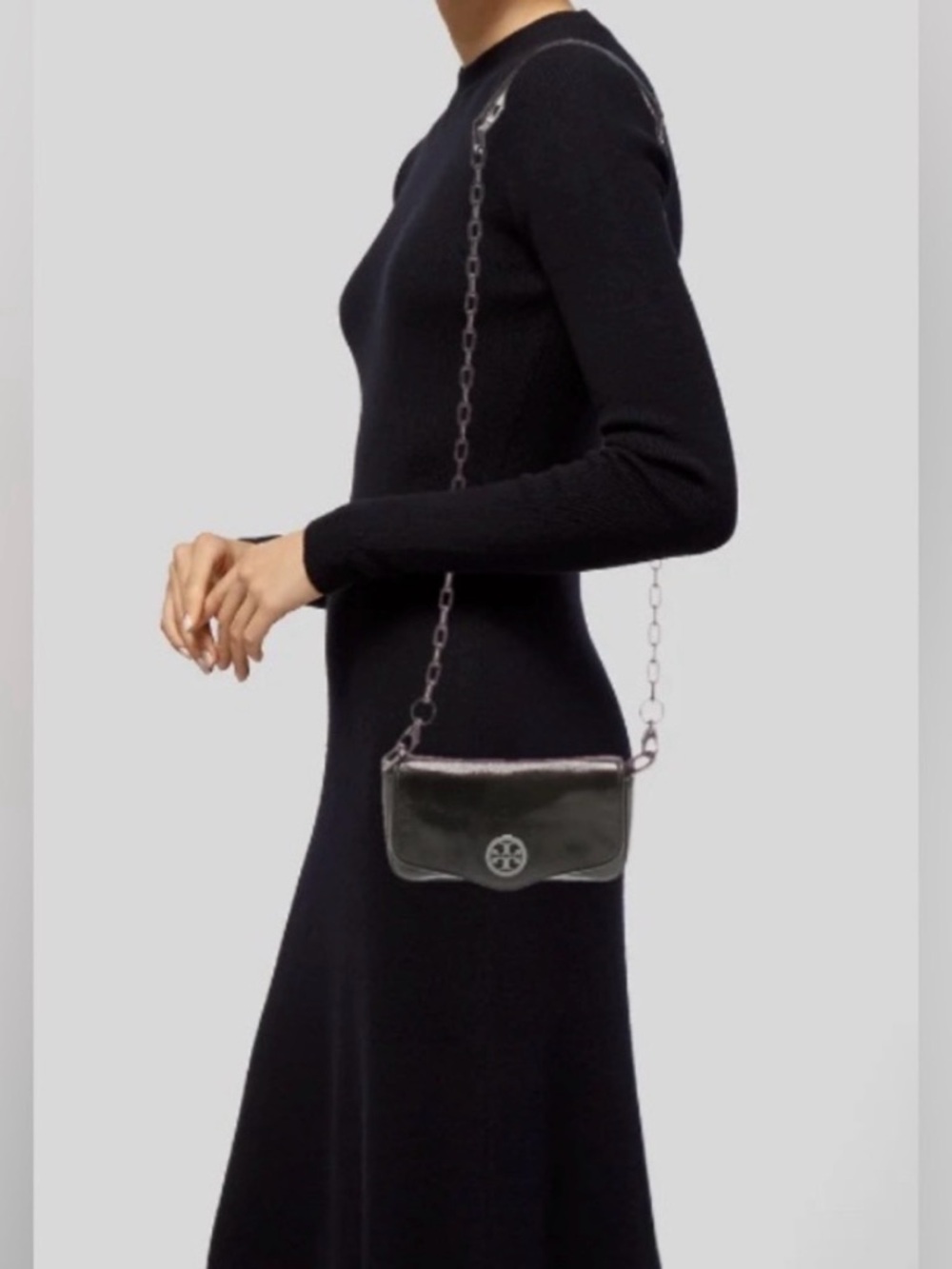 Tory Burch Black distress suede Logo Chain Crossbody with gun metal  Chain AS IS